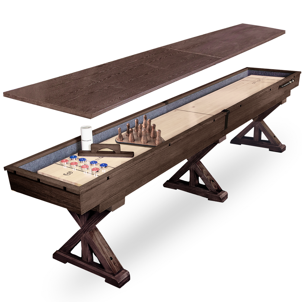 Wooden shuffleboard table with components on a white background