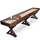 Wooden shuffleboard table with components on a white background