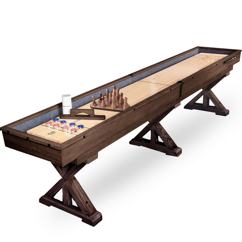 Wooden shuffleboard table with components on a white background