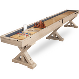 Wooden shuffleboard table with components on a white background