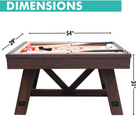 Wooden pool table with dimensions labeled on a white background