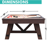 Wooden pool table with dimensions labeled on a white background
