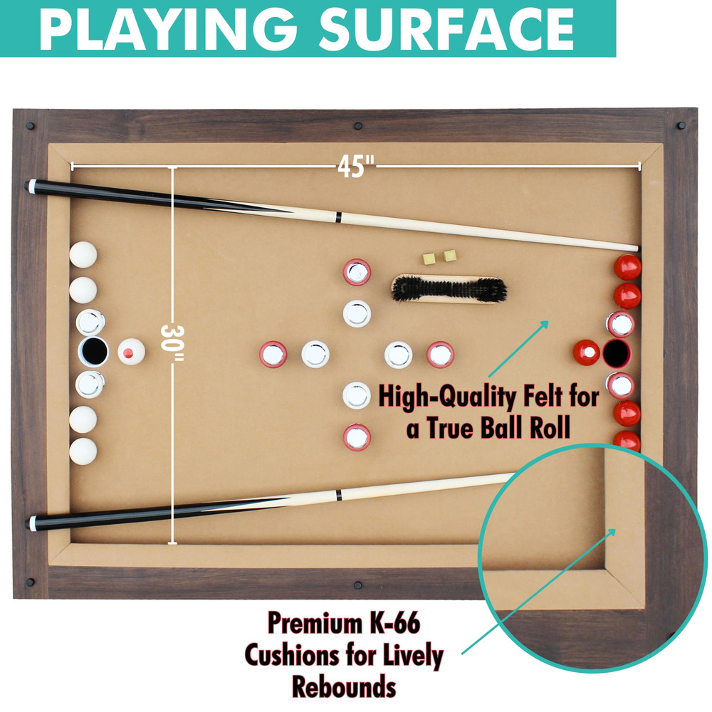 Pool table with cues, balls, and measurements on a white background