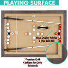 Pool table with cues, balls, and measurements on a white background