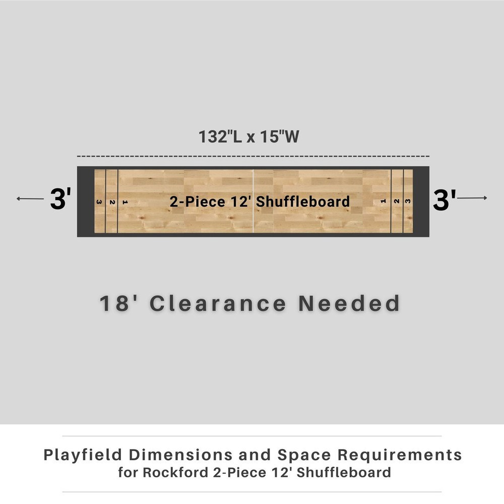 Diagram of a 2-piece 12' shuffleboard with dimensions and space requirements on a gray background.