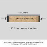 Diagram of a 2-piece 12' shuffleboard with dimensions and space requirements on a gray background.