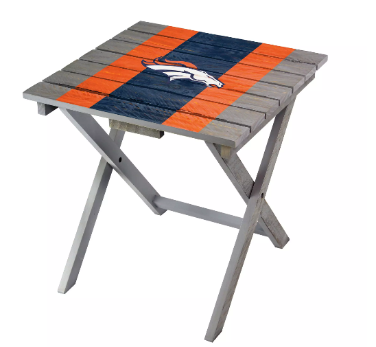 Imperial Denver Broncos Folding Adirondack Table with team logo and stripes on square top.