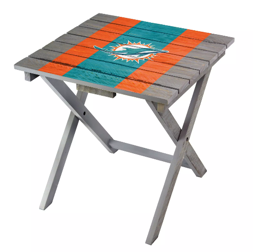 Imperial Miami Dolphins Folding Adirondack Table with orange and teal stripes on the tabletop.