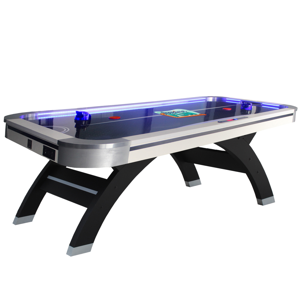 Air hockey table with blue lights on a white background