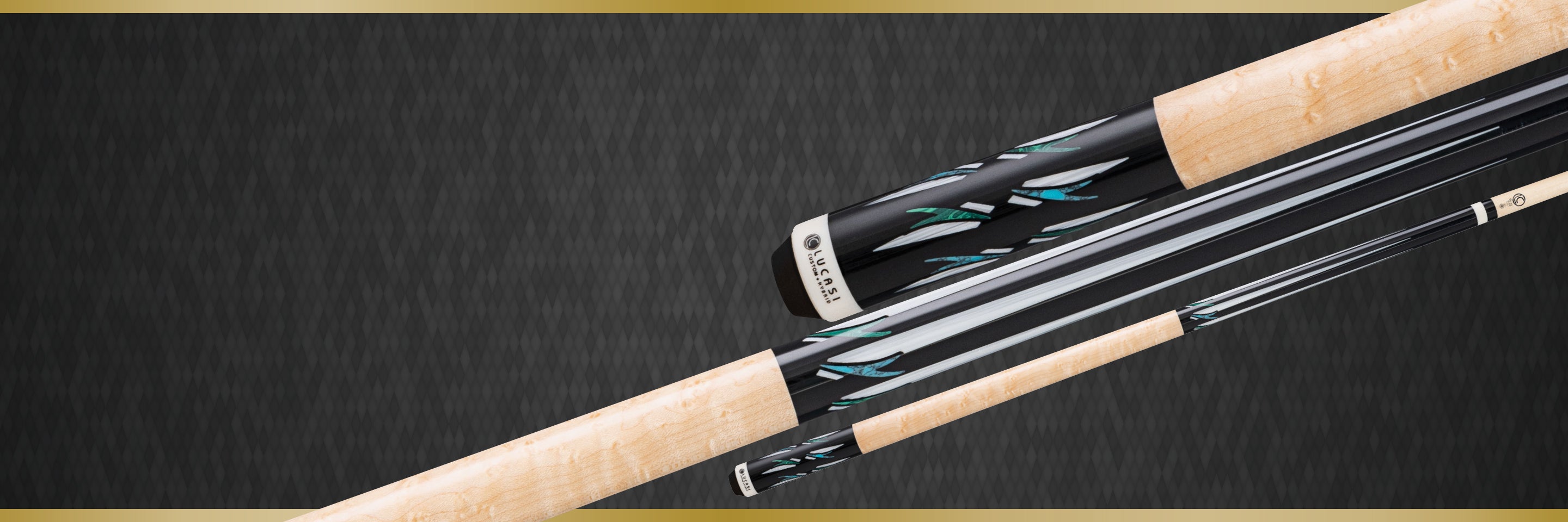 Lucasi Lux® LUX68 Cue with black, blue, and green inlay on a dark textured design.