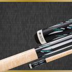 Lucasi Lux® LUX68 Cue with black, blue, and green inlay on a dark textured design.