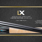 Two Lucasi Lux® LUX68 cues crossed, highlighting zero flex slim shafts on a dark background.