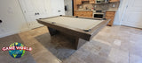 Nixon KAI 8' Slate Pool Table by Nixon Billiards in walnut, shown in tiled room with cabinets.