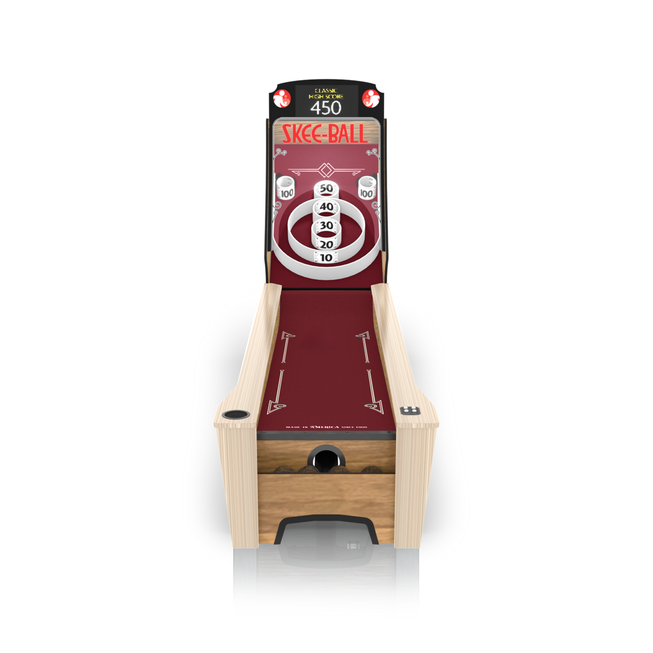 Skee-ball machine with maroon top and wooden base on a white background