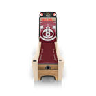 Skee-ball machine with maroon top and wooden base on a white background
