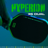 Hyperion 3S Dual pickleball paddle held by a person with a blue background