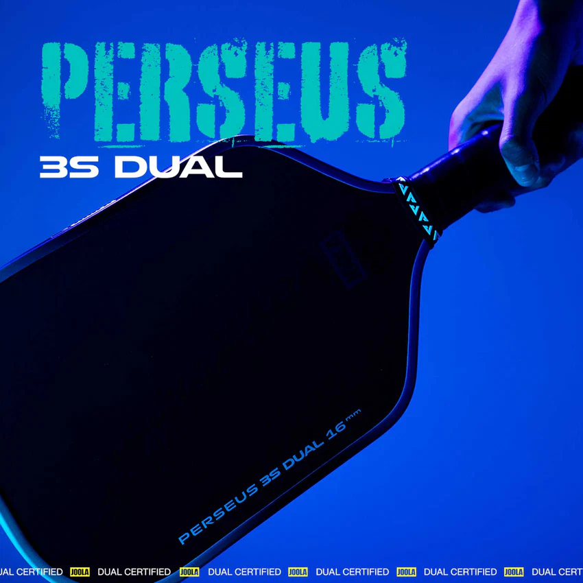 Black paddle with 'PERSEUS 3S DUAL' text on a blue background