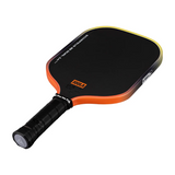 Pickleball paddle with black and orange design on a white background