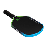 Pickleball paddle with black and blue design on a white background
