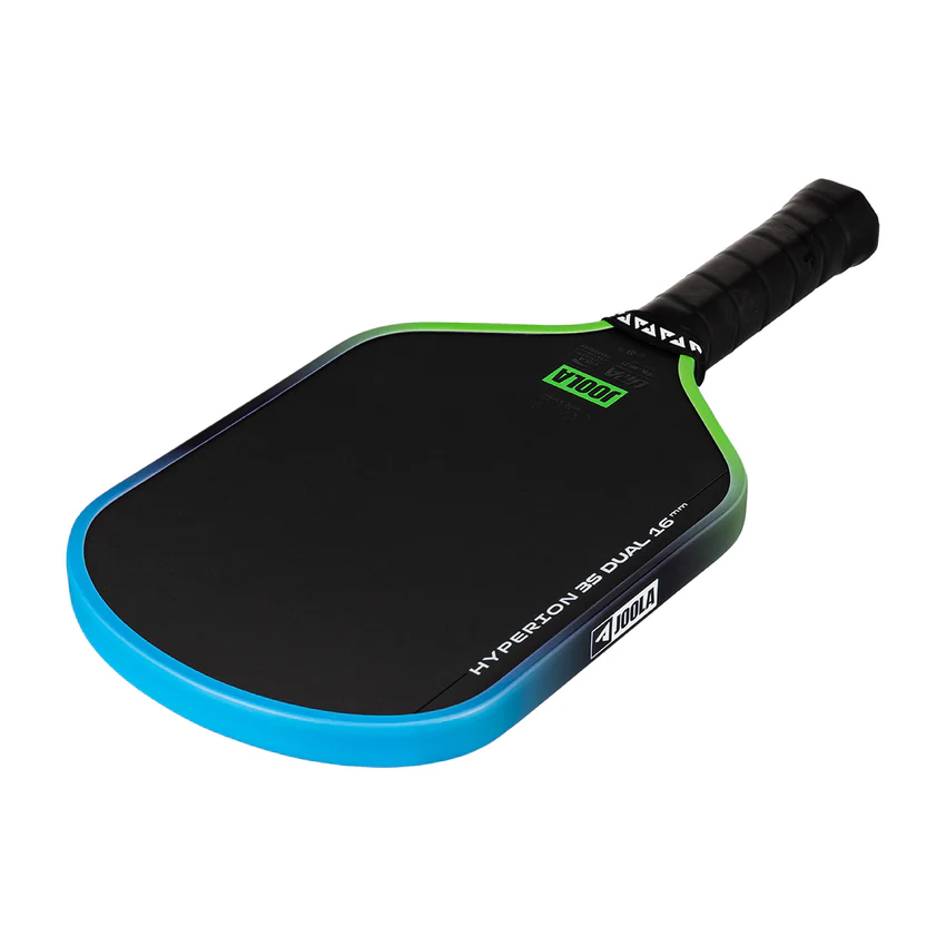 Black and blue pickleball paddle with a white background
