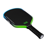 Pickleball paddle with black and green design on a white background