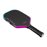 Pickleball paddle with black and purple design on a white background