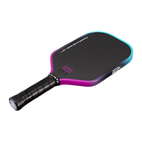 Pickleball paddle with black, purple, and blue design on a white background