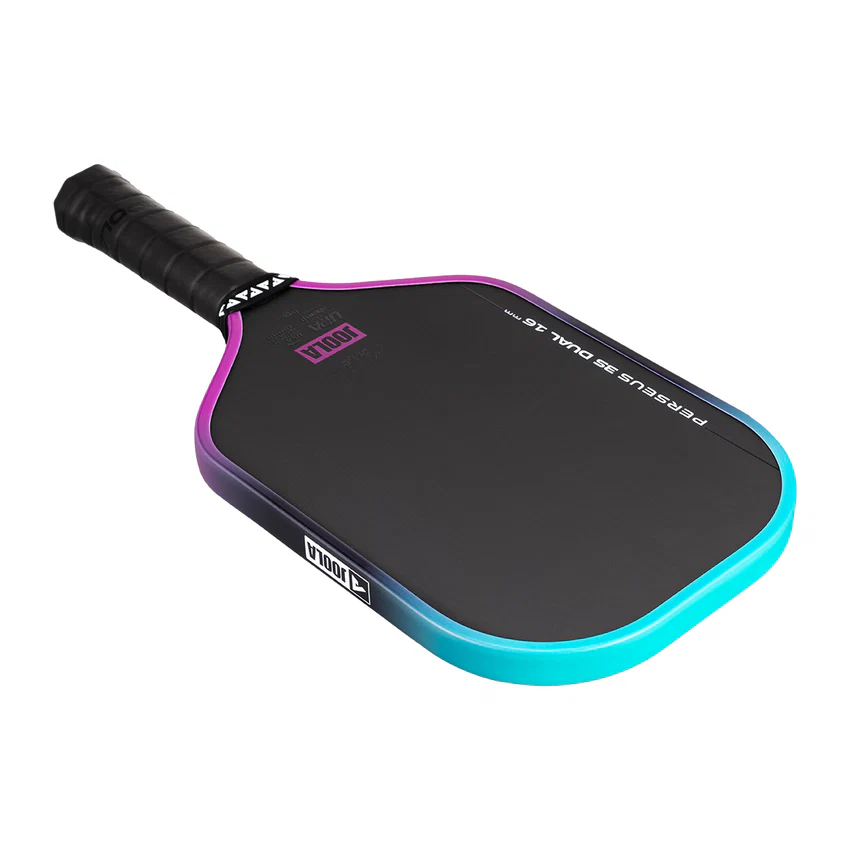 Black and blue pickleball paddle with purple accents on a white background