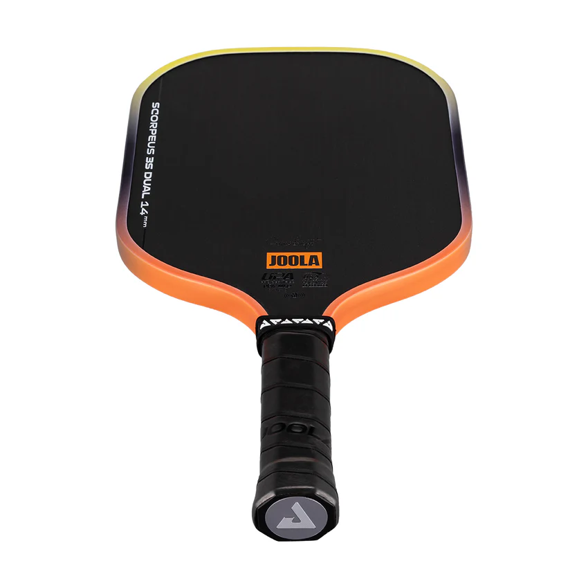 Orange and black pickleball paddle with Joola branding on a white background