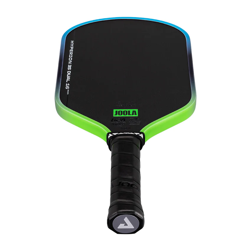 Pickleball paddle with black and green design on a white background