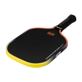 Pickleball paddle with black and yellow design on a white background