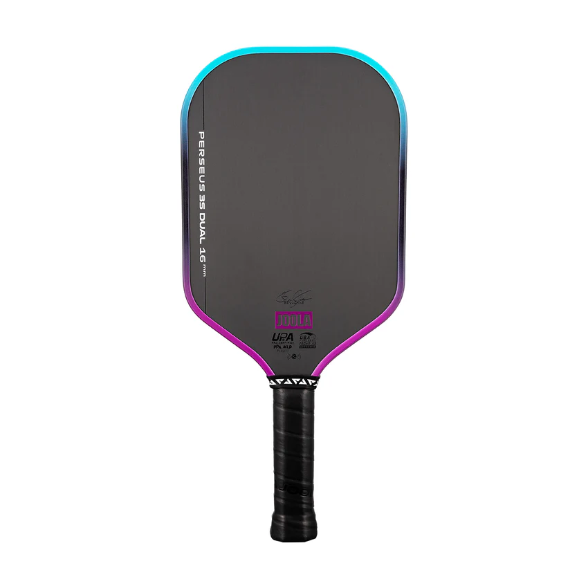 Pickleball paddle with black and purple design on a white background