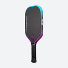 Pickleball paddle with black, purple, and teal design on a light gray background