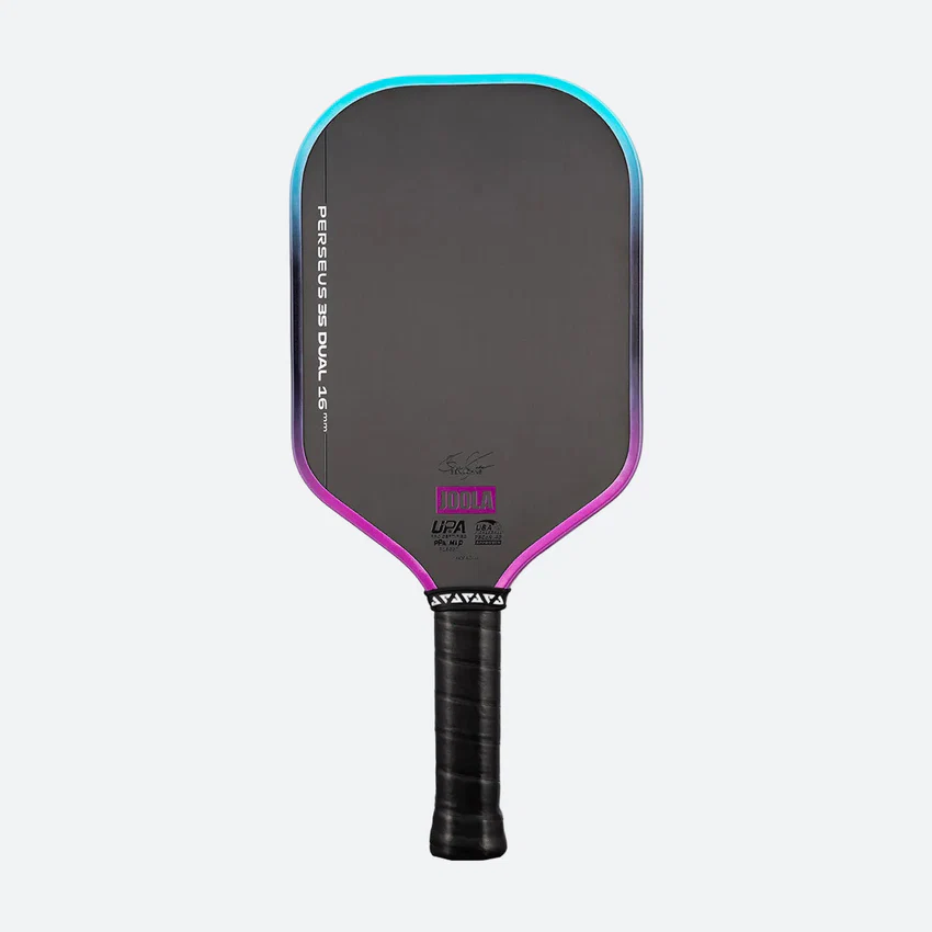 Pickleball paddle with black and purple design on a white background