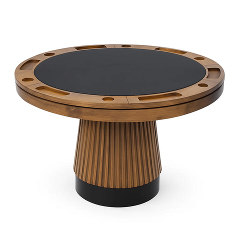 Round wooden table with a black playing surface on a white background
