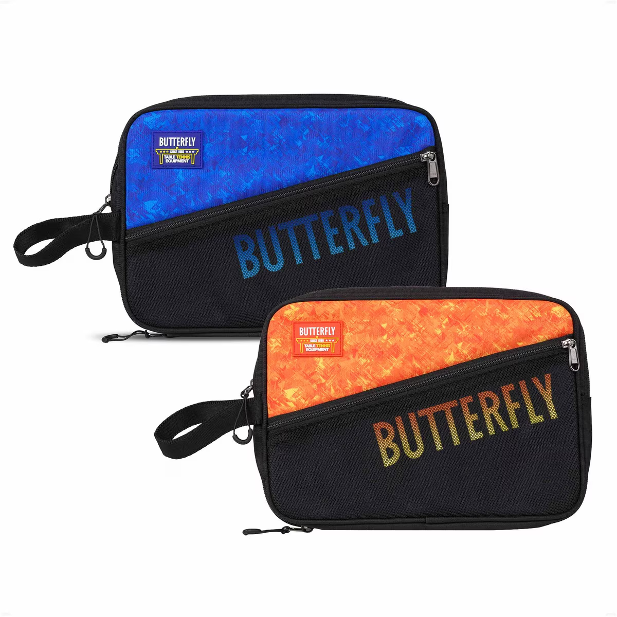 TwoButterfly branded pouches, one blue and black, one orange and black, on a white background.