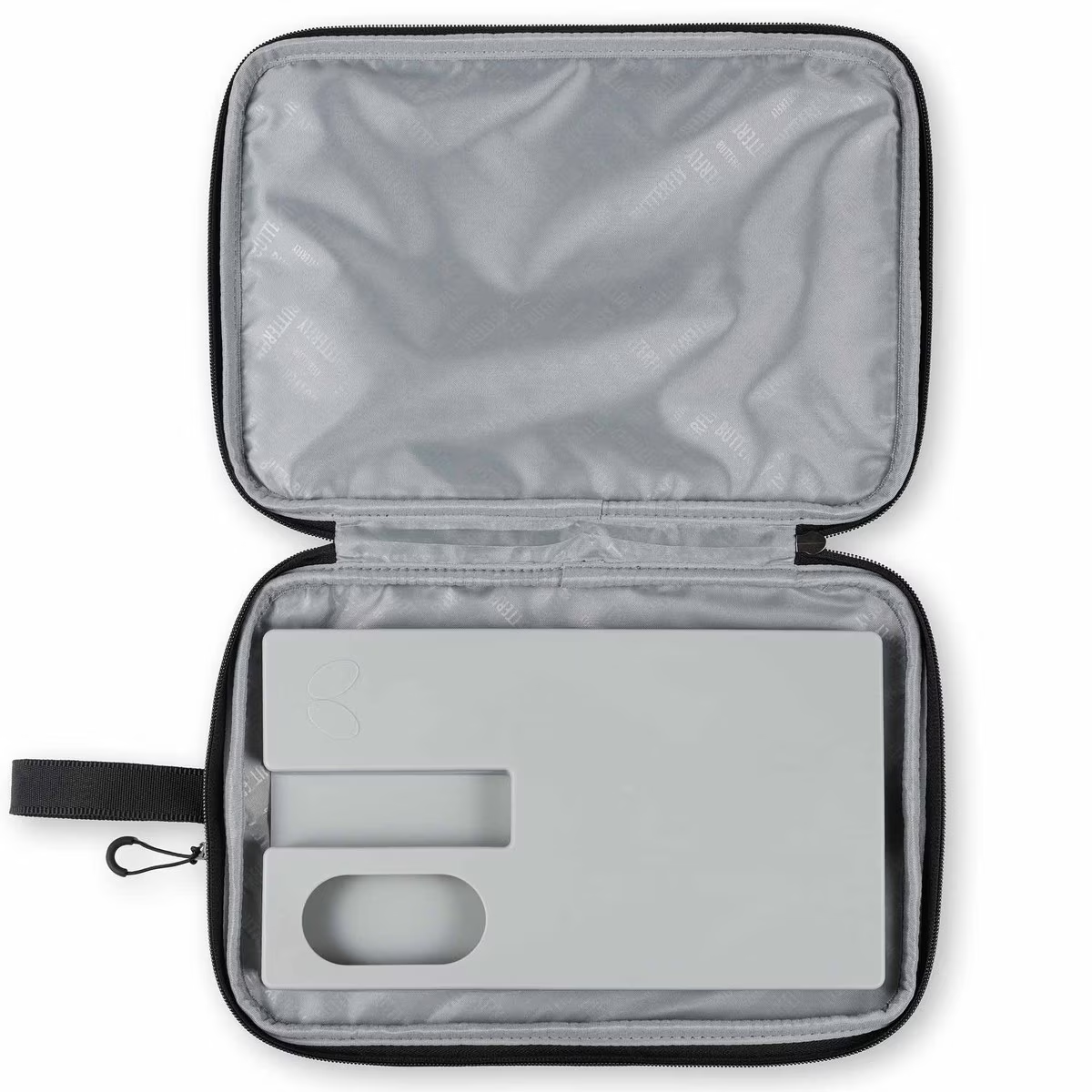 Gray case with a compartment for a device on a white background