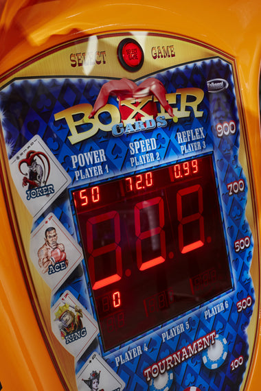 Close-up of Kalkomat Boxer Dynamic Boxing Game arcade with digital score and card images.