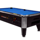 Great American Legacy coin operated pool table, black/blue, sturdy plywood construction.