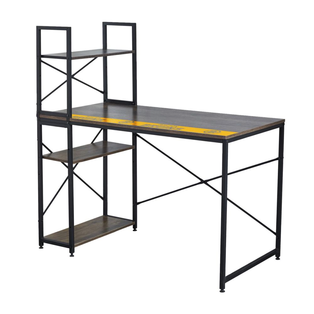 Black metal desk with shelves on a white background
