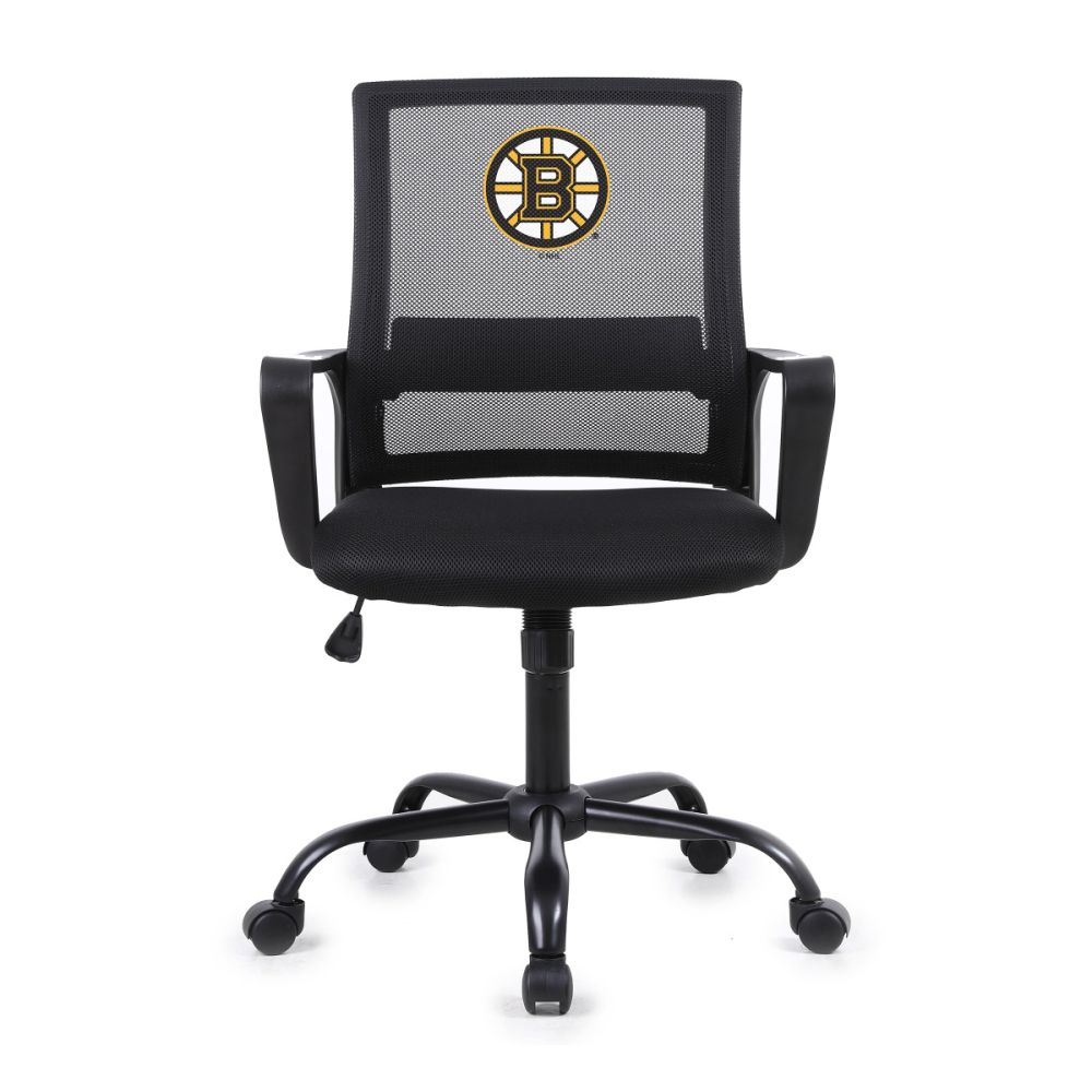 Black office chair with Boston Bruins logo on a white background