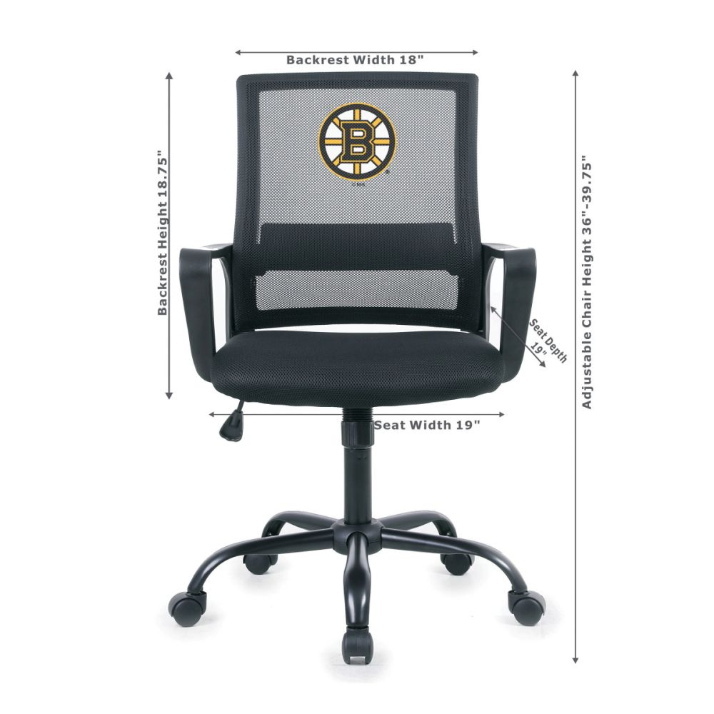 Black office chair with Boston Bruins logo and dimensions on a white background