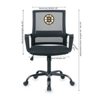 Black office chair with Boston Bruins logo and dimensions on a white background