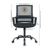Black office chair with Boston Bruins logo and dimensions on a white background