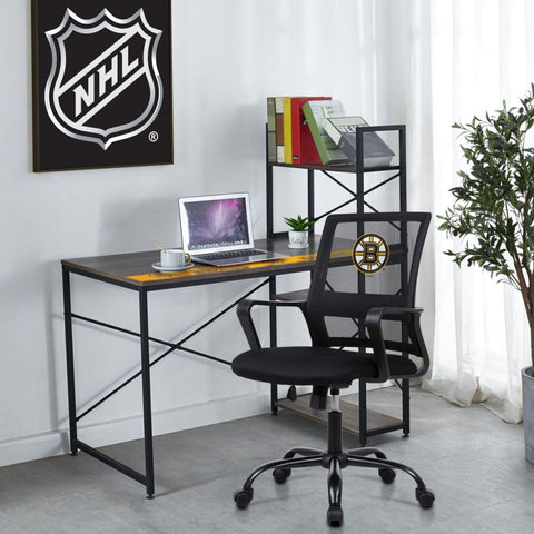 Home office setup with a desk, chair, and laptop, featuring the NHL logo on the wall.