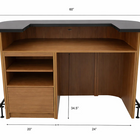 Wooden reception desk with dimensions labeled on a white background