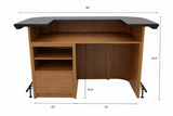 Wooden reception desk with dimensions labeled on a white background