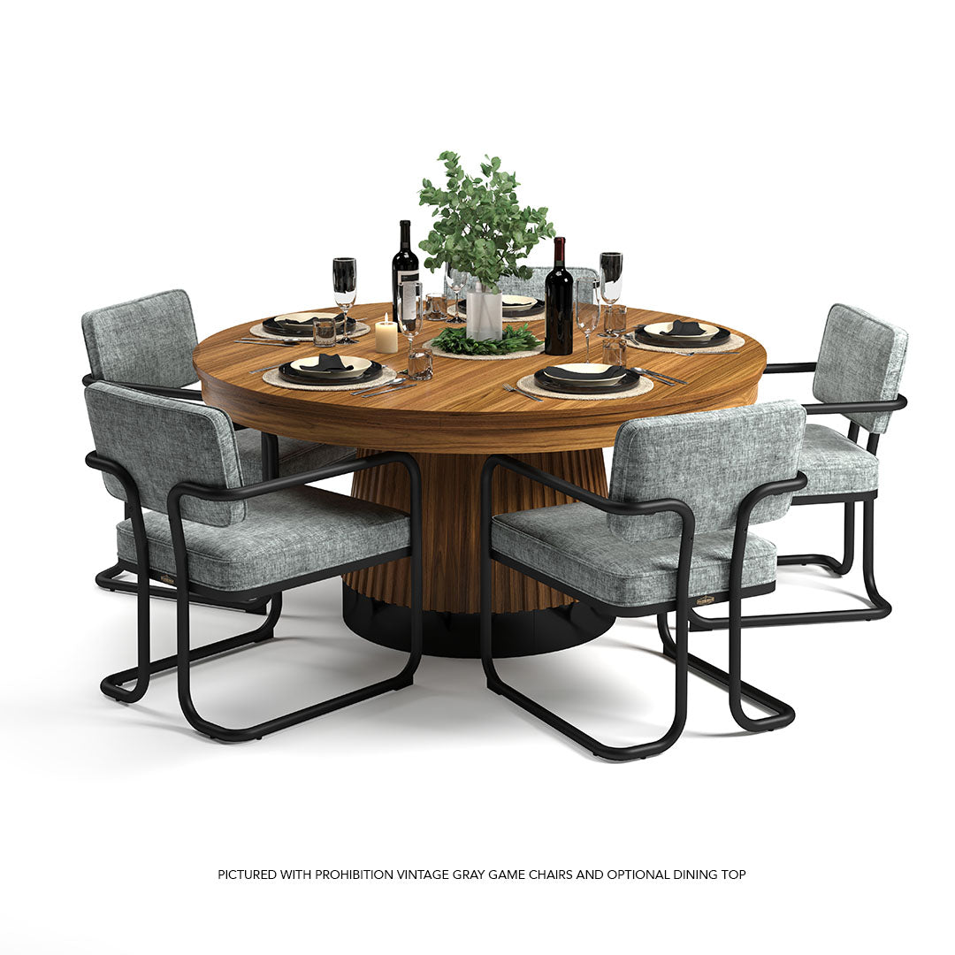 RAM Game Room Prohibition 60" Poker Table in walnut with six gray chairs.