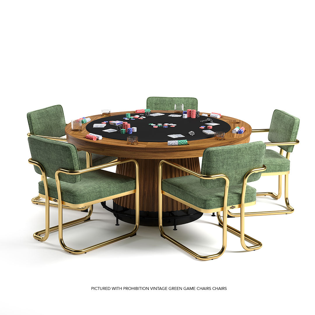 RAM Game Room Prohibition 60" Poker Table in Walnut with green chairs and poker set included.