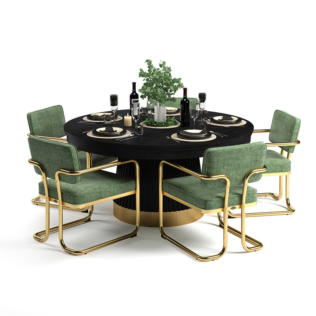 RAM Game Room Prohibition 60" Black Poker Table with green chairs, wine, and plant centerpiece.